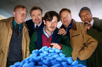 The cast of Men Up, L-R: Steffan Rhodri, Paul Rhys, Iwan Rheon, Mark Lewis Jones, Phaldut Sharma.