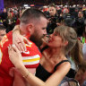 Travis Kelce and Taylor Swift at last year’s Super Bowl. 