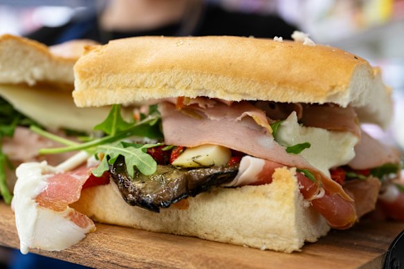 Fillings include mortadella, marinated eggplant, sundried tomatoes and fresh mozzarella.