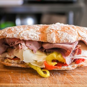 Rare roast beef, provolone, mild pickled peppers, roast capsicum and more.