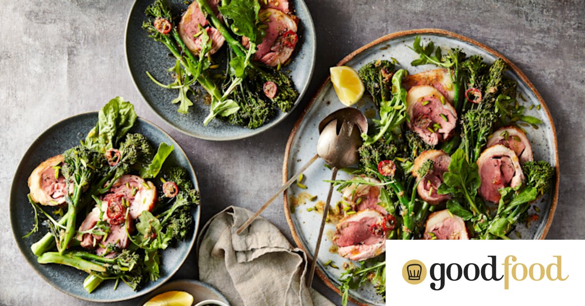 Warm lamb salad recipe with roasted broccolini and anchovy lemon chilli butter