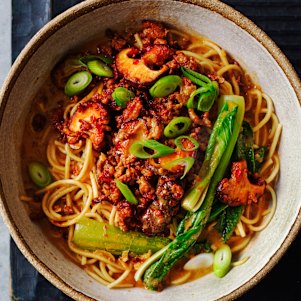Danielle Alvarez's brothy ramen noodles with spicy-mince stir-fry.