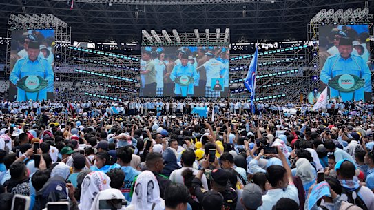 Presidential candidate Prabowo Subianto delivers his speech during his campaign rally at Gelora Bung Karno Main Stadium in Jakarta.