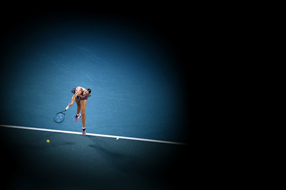 Anca Todoni serves during her first-round match.