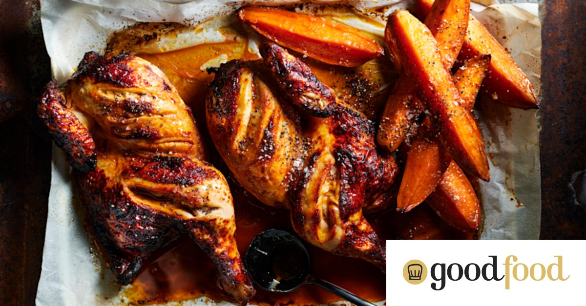 Whole roast chicken recipe with sticky harissa glaze and caramelised sweet potato