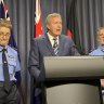 New Police Minister Reece Whitby with Acting WA Police Commissioner Kylie Whiteley (left) and Commander Lawrence Panaia (right).
