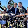 Acting Olympics Minister Andrew Powell, Premier David Crisafulli and Deputy Premier Jarrod Bleijie with the ceremonial first sod turning.