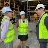 Curator Philip Bacon AO (left) with sculptor Lindy Lee and Star Entertainment chief executive Matt Bekier.