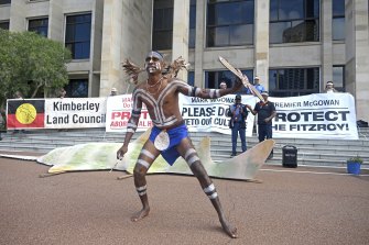 Bardi dancer Frank Moochoo at a protest outside of parliament house on Wednesday.