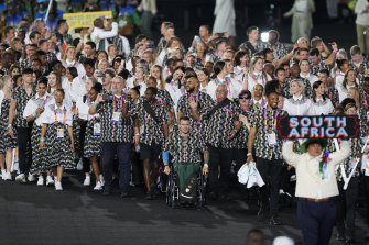 Athletes of South Africa enter the stadium during the Commonwealth Games opening ceremony.