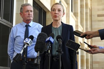Nationals WA leader Mia Davies and deputy leader Shane Love talk to the media after their political colleague James Hayward was charged with child sex abuse offences.