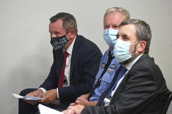 WA Premier Mark McGowan, deputy police commissioner Gary Dreibergs and Chief Health Officer Andy Robertson after the premier announced a delay to the state’s borders opening.