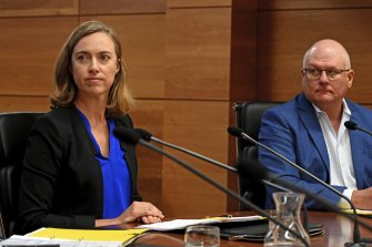 Woodside operations executive vice president Fiona Hick and health, safety, and environment vice president Phil Reid at the inquiry into sexual harassment against women in the FIFO mining industry.