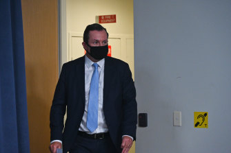 West Australian Premier Mark McGowan entering the Dumas House media room ahead of a press conference during the state’s recent lockdown.