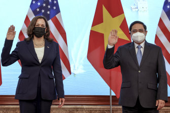 US Vice-President Kamala Harris meets Vietnamâ€™s Prime Minister Pham Minh Chinh during a meeting in Hanoi on Wednesday.