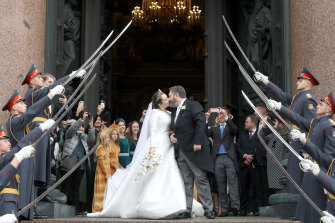 The wedding of Grand Duke George Mikhailovich of Russia, a descendant of the Romanov dynasty, and Rebecca (Victoria) Bettarini of Italy at St Isaac’s Cathedral, St Petersburg, on Friday.