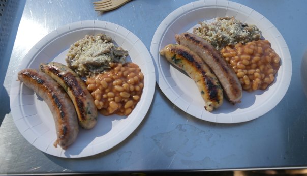 Camping fine dining: pork and fennel sausages, beans and freeze-dried wild mushroom and lamb risotto.
