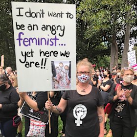 Tory Sorensen came from Geelong to rally at Melbourne’s Treasury Gardens.