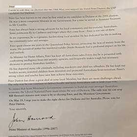 John Howard has sent a letter to voters in the hotly contested seat of Dickson. 
