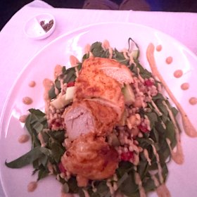 The garlic and yoghurt-marinated chicken with spinach, buckwheat and chickpea salad and cucumber and harissa yoghurt dressing.