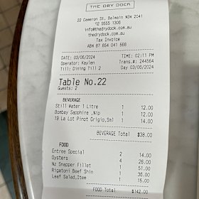 The bill for lunch at The Dry Dock in Balmain.