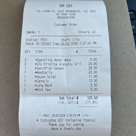 The receipt for lunch at Bar Idda.