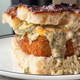 Crumbed fish sandwich at Angus.