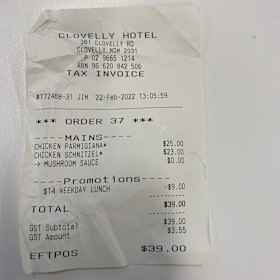Receipt for lunch with Ed Coper at the Clovelly Hotel.