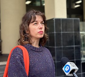 Disrupt Burrup Hub protester Joana Partyka outside Perth Magistrates Court on Tuesday.