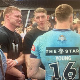 Hudson Young and Morgan Smithies (left) in the Blues sheds after Origin III.