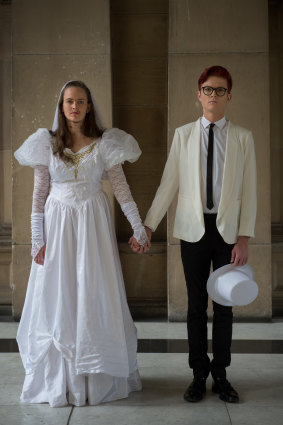 Comedians Zoe Coombs Marr and Rhys Nicholson in 2016 in a protest about the lack of marriage equality at the Melbourne International Comedy Festival.