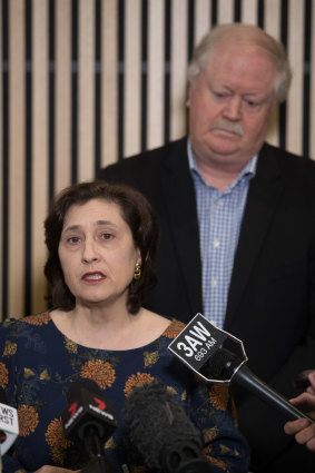 'More to do': Environment Minister Lily D'Ambrosio and Rob Millard of the government's Metropolitan Waste and Resource Recovery Group face the media in July.