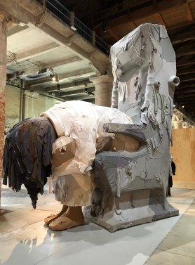Yin Xiuzhen's six-metre high, hollow Trojan is covered with used cotton shirts.