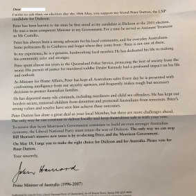 John Howard has sent a letter to voters in the hotly contested seat of Dickson. 