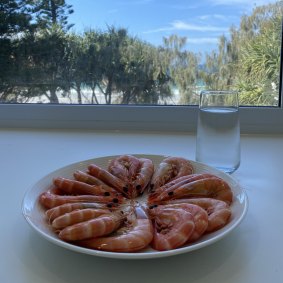 Lunch by the beach: Kirstin Ferguson's Mooloolaba prawns.