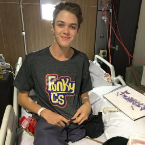 Ned Desbrow sporting a shirt from his clothing brand 'Funky G's' during his recovery.