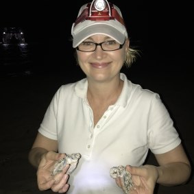 Anna Marsden, managing director of Great Barrier Reef Foundation with green turtle hatchlings.