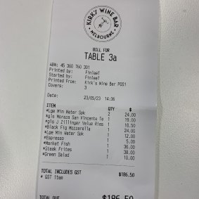 The receipt for lunch at Kirk’s Wine Bar.