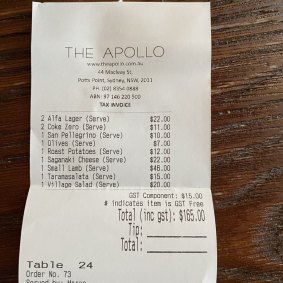Receipt for Lunch With Deni Todorovic at The Apollo.