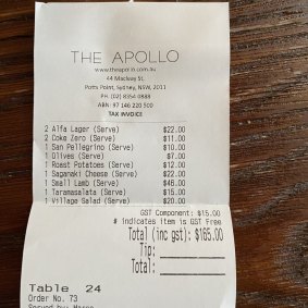 Receipt for lunch with Deni Todorovic at the Apollo.