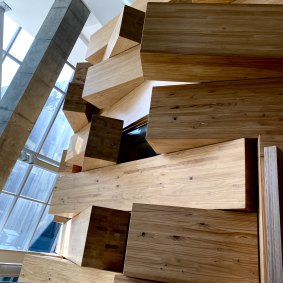 Stacks of laminated timber don't add up to tree in the UTS Dr Chau Chak Wing building.