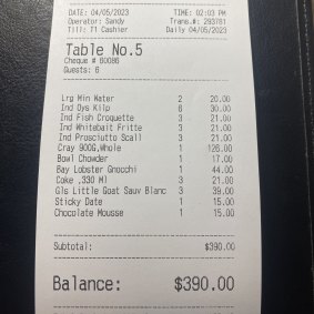 The receipt at RST Seafood.