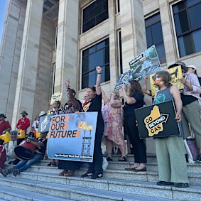 Protesters outside WA Parliament House rallying against the North West Shelf extension.