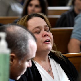 Kyle Rittenhouse’s mother, Wendy Rittenhouse, reacts as the verdicts are read out.