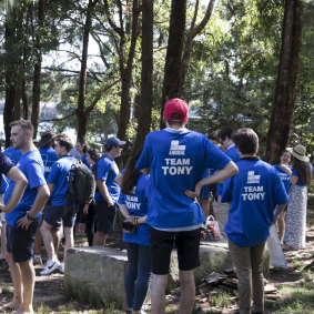 Team Tony volunteers wait to meet their candidate at Manly Dam. 