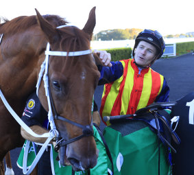 James McDonald gives  Nature Strip a pat in the winner’s stall after April’s TJ Smith Stakes.  