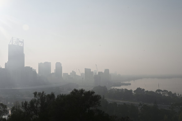 Smoke over the Perth CBD on Wednesday morning.