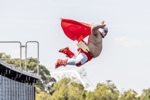 Taking flight: JJ Taika, dressed as Nacho Libre, competes in the 2024 Moomba Birdman Rally.