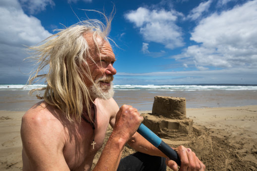 Victoria’s Sandy Point beach is a perfect location for Glenn Auchinachie to unwind and build sand castles.