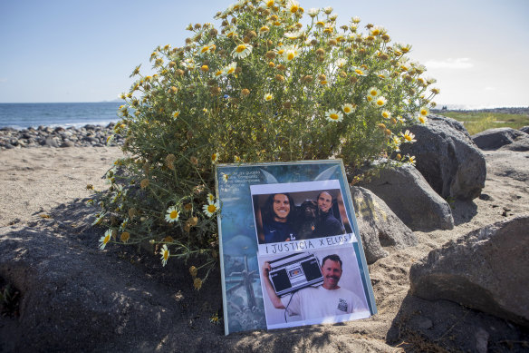The photos of Callum and Jake Robinson and American Jack Carter Rhoad are placed on the beach in Ensenada, Mexico.